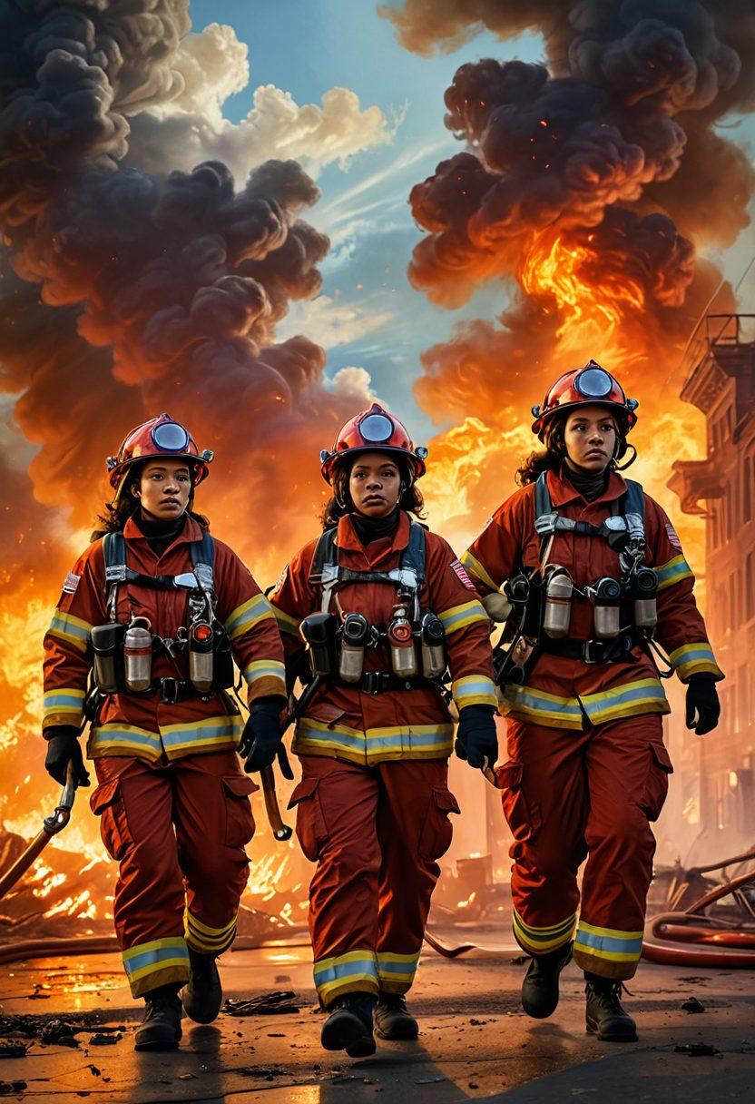 A powerful scene of diverse female firefighters in action, showcasing camaraderie as they tackle a blaze together. The backdrop features a fiery orange and red sky, with the silhouettes of city buildings. Include expressions of determination and teamwork on their faces, emphasizing strength and unity. The fire hose and protective gear are prominently displayed. Capture the essence of courage and sisterhood. super-realistic. vibrant colors. dynamic composition.