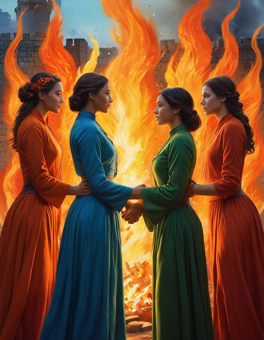 A powerful scene depicting diverse women standing united amidst symbolic flames transforming into a strong fortress around them. Each woman represents different backgrounds, showcasing their unique strengths and resilience, with warm colors of orange and red merging into cool tones of blue and green for the fortress. Elements of community like hands joining and cultural symbols subtly incorporated in the background. super-realistic. vibrant colors. inspirational atmosphere.