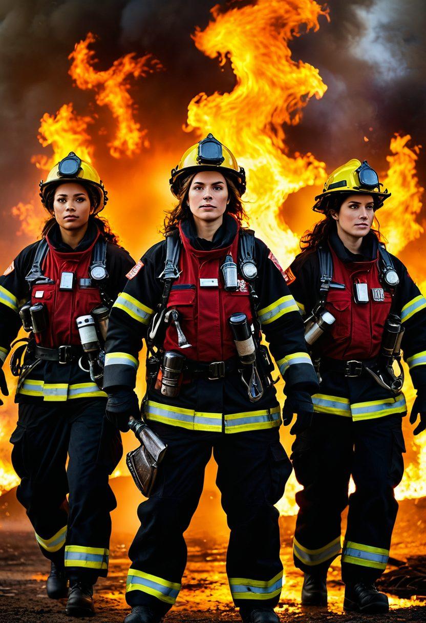 A powerful scene depicting a diverse group of firewomen in action, showcasing their strength and camaraderie. Each woman is in unique firefighting gear, standing together against a backdrop of a blazing fire fighter scene, symbols of empowerment in their expressions. Above them, a sky filled with unity, featuring dynamic elements like flames and water in harmony, representing the strength of sisterhood. The overall color scheme should be bold and inspiring, emphasizing warmth and resilience. super-realistic. vibrant colors. dramatic lighting.